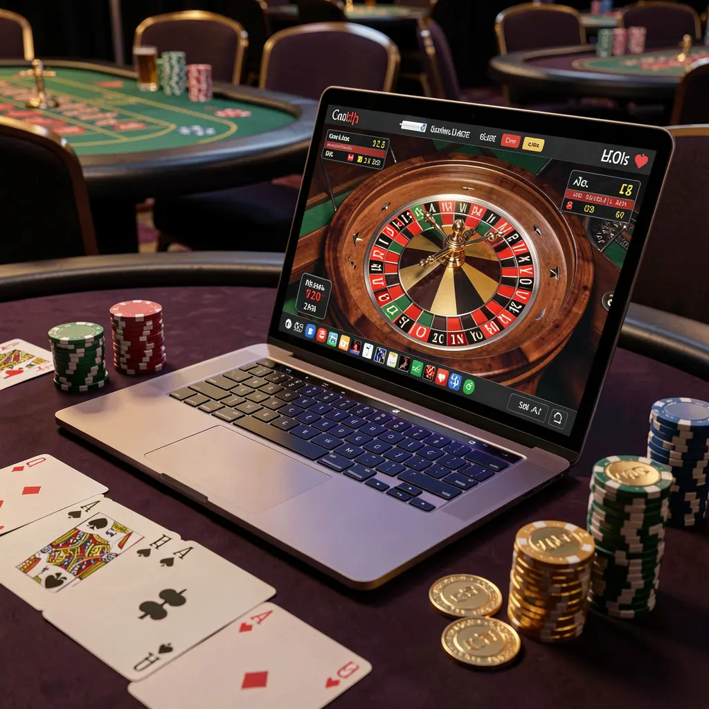 Modern laptop showing a live roulette wheel surrounded by casino chips and playing cards highlighting the immersive online casino games available at JA999